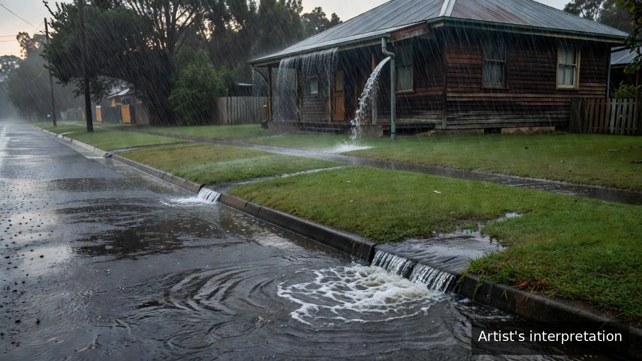 Heavy rain running in the kerb and channel on an Ipswich street