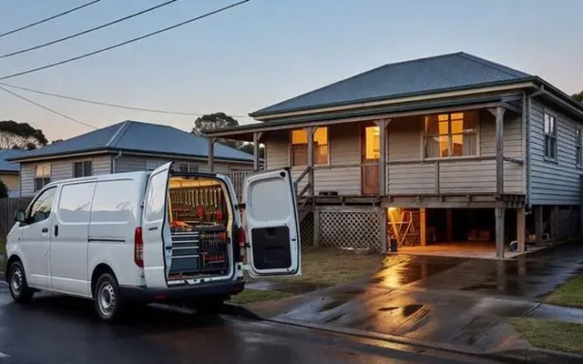 An unbranded tradesman's van outside a raised Queenslander at dusk