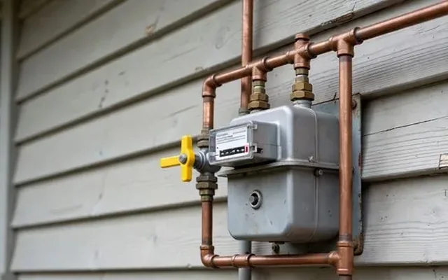 A domestic gas meter, regulator and copper pipework
