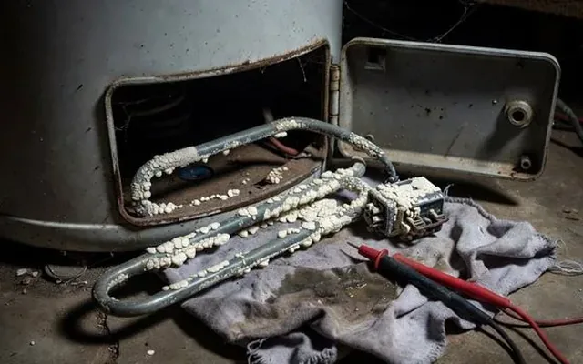 A scaled-up heating element removed from a hot water cylinder