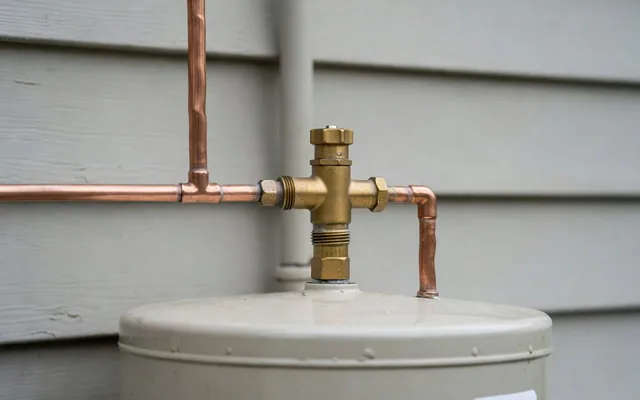 A brass tempering valve plumbed into the outlet of a hot water cylinder